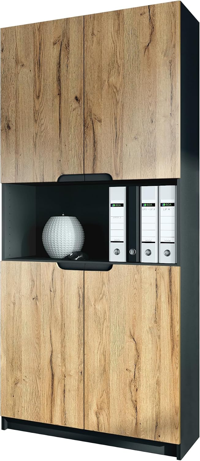 Schrank, 82 × 184 × 37 cm, Schwarz, für das Büro, Vladon, Vladon Büroschrank Logan V2, Aktenschrank mit 5 Fächern und 4 Türen