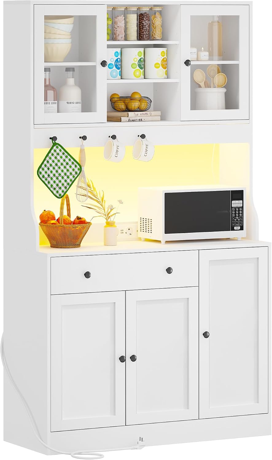 Schrank, 180 cm, mit LED-Beleuchtung, verstellbar, mit Schubladen, mit Ablagen, Weiß, für die Küche, für das Wohnzimmer, KIMENICH