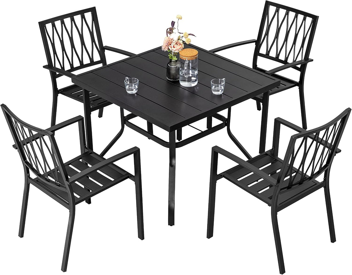 Gartentisch, Metall, Schwarz, für den Garten, für die Terrasse, Avestar, Avestar 5-teiliges Gartenmöbel Set, Esstisch mit 4 stapelbaren Stühlen