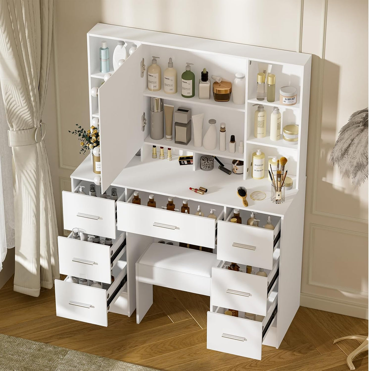 Tisch SD5210, 40 × 100 × 140cm, verstellbar, mit Schubladen, Buildonely, Großer Schminktisch mit Hocker und Spiegel und Beleuchtung, 40x100x140cm