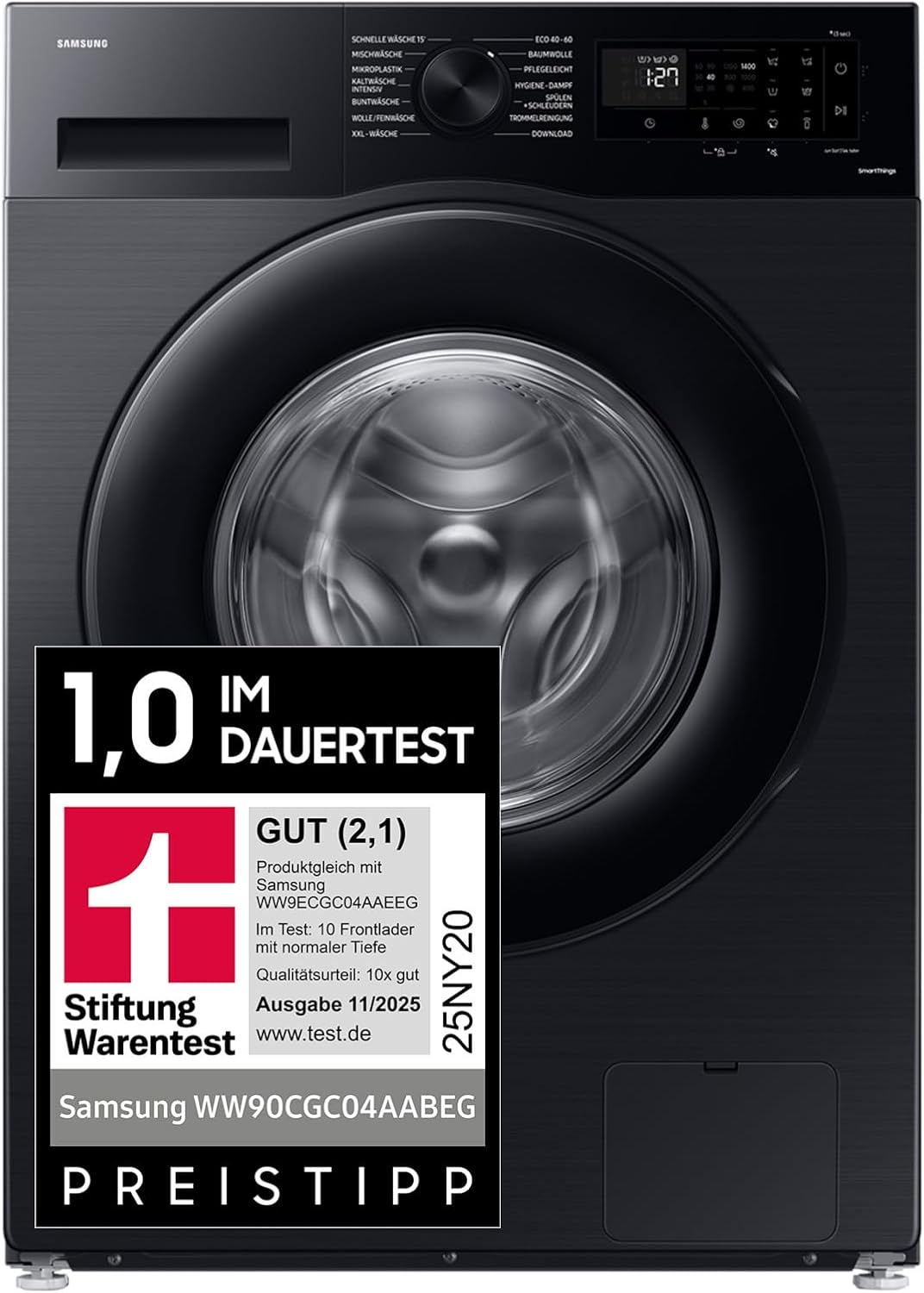 Samsung WW90CGC04AABEG Waschmaschine, 60 × 85 × 55 cm, 9 kg, mit WLAN, Kunststoff, Schwarz, 1.400 U/min, 14 Programme, WiFi SmartControl