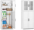 COSTWAY Staubsauger, 70 × 30 × 168 cm, Holz, Glas, Weiß, COSTWAY Besenschrank 70cm breit, Mehrzweckschrank Hochschrank mit 2 Haken & Glastüren