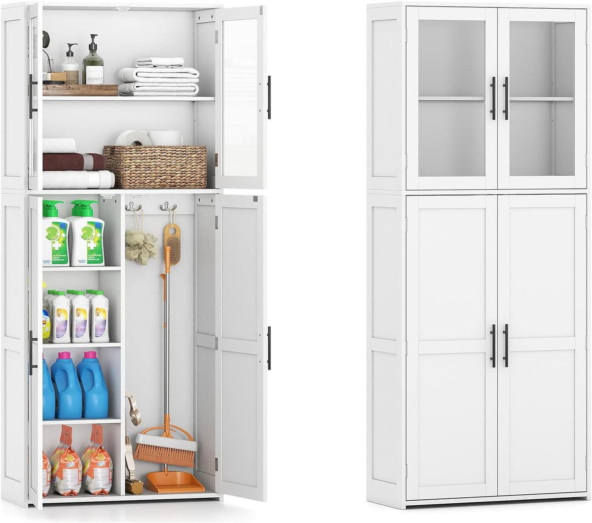 COSTWAY Staubsauger, 70 × 30 × 168 cm, Holz, Glas, Weiß, COSTWAY Besenschrank 70cm breit, Mehrzweckschrank Hochschrank mit 2 Haken & Glastüren