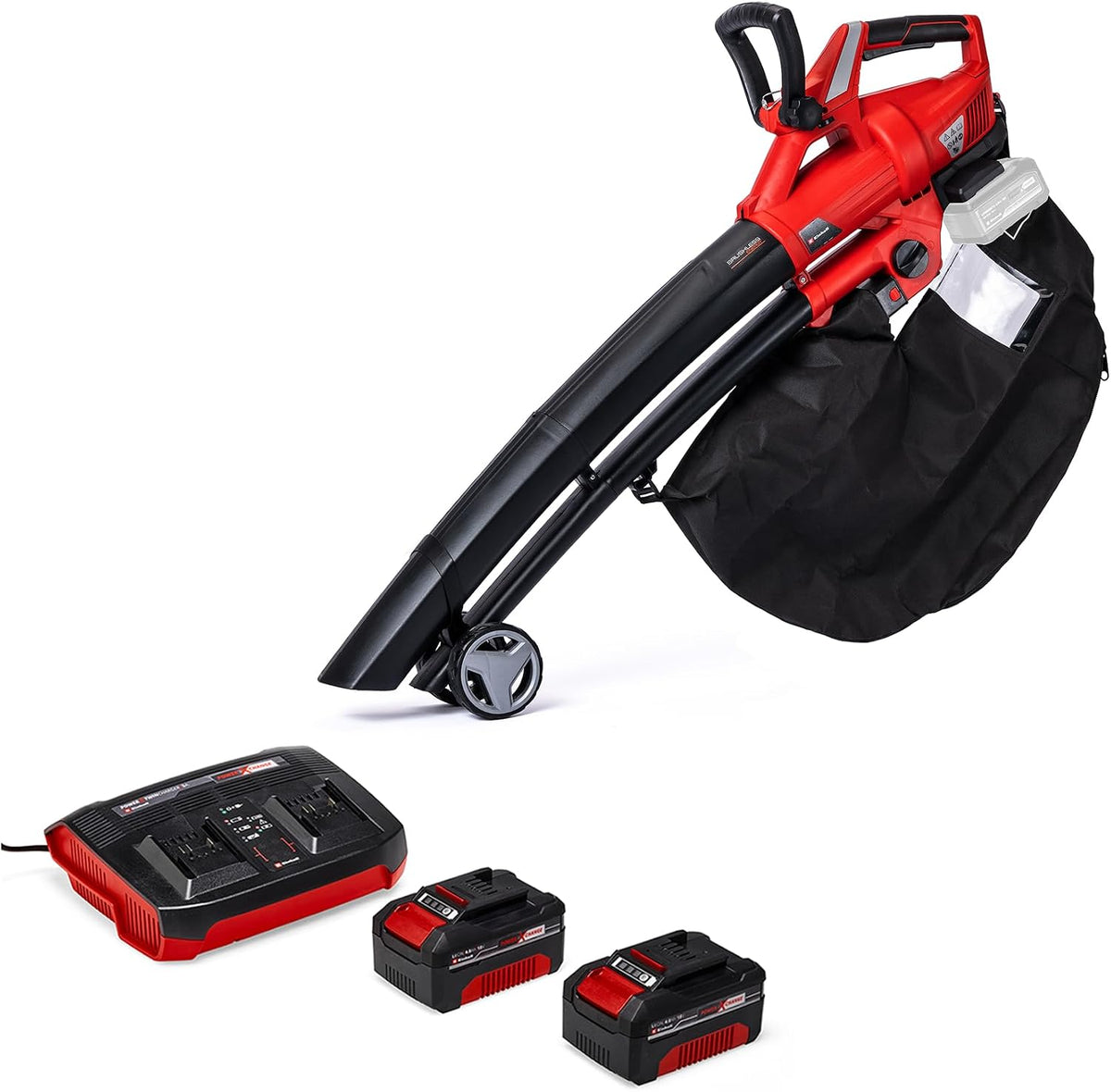 Einhell Laubbläser, 45 l, bürstenlos, kabellos, 2x18 V, 210 km/h Luftgeschwindigkeit, 45 l-Fangsack, inkl. 2x 4, 0 Ah Akku und Twincharger)