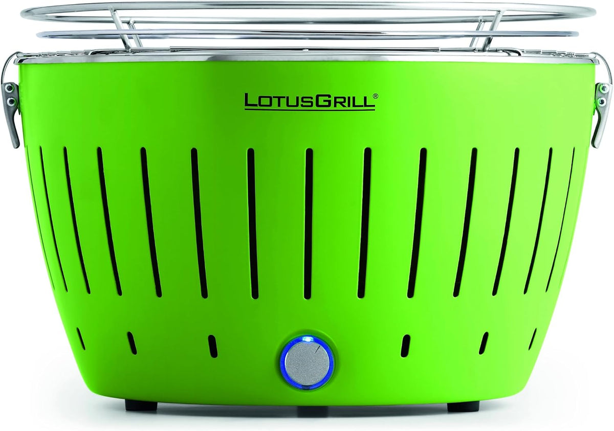 Grill, 32 cm, Holz, LotusGrill, Classic (Limettengrün) der raucharme Holzkohle /Tisch mit USB-Anschluß in