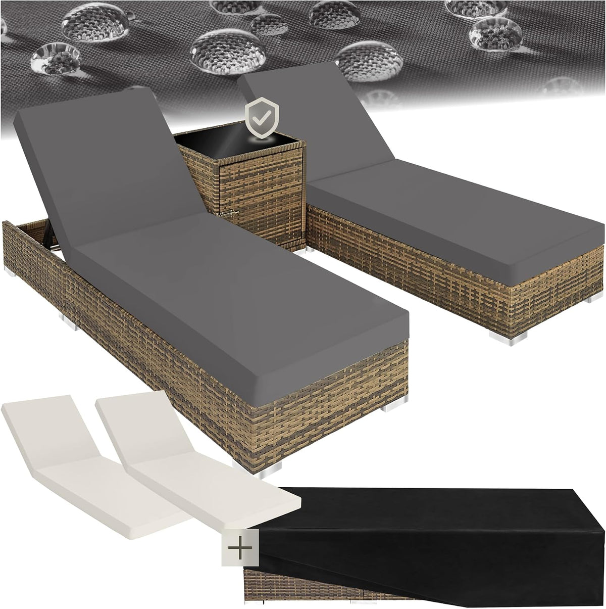 Tisch, Aluminium, für den Garten, tectake, tectake 2er Garten Lounge Sonnenliegen Set mit Tisch, Relaxliege inkl. 2 Bezugsets und Schutzhülle