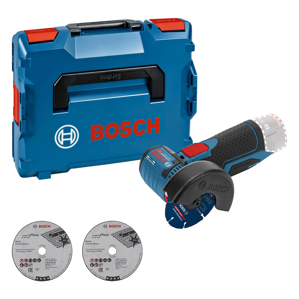 Bosch Winkelschleifer, 217 × 340 × 106 mm, 12V, kabellos, Metall, 1x Hartmetall - Trennscheibe Carbide Multi Wheel, 2x Einlage