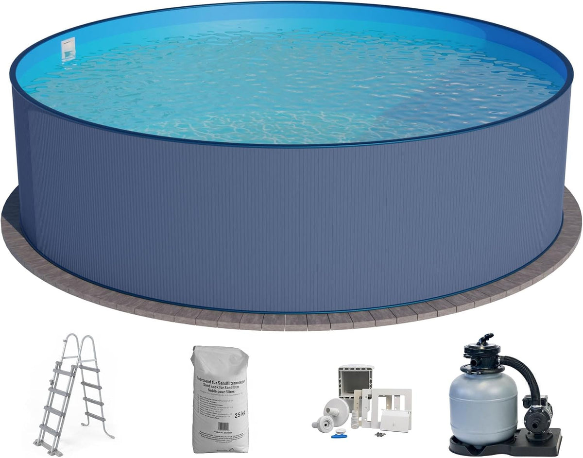 Pool, 350 × 120 cm, Stahl, Blau, Planet Pool, Planet Pool Stahlwandpool Set (5-teilig) rund 350x120 cm, Stahl 0, 4 mm anthrazit, Folie 0, 4 mm blau
